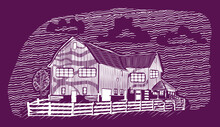 Countryside Landscape Illustration Drawing In Woodcut Style With Farm House On Contrast Background