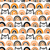 Fototapeta Pokój dzieciecy - Seamless Pattern with Hand Drawn Cat Face and Rainbow Design on White Background