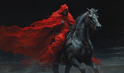 Wall Mural - mysterious warrior wearing red cloak riding on black horse, Generative Ai