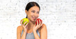 © Art_Photo - Portrait of beauty body slim healthy asian woman big smile with vegan food healthy holding apple, green apple, dental, teeth, fruit on wall.Diet.Fitness, healthy food