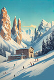 Fototapeta  - Italian Dolomites in winter ski poster art style Generative AI