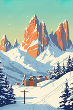 Italian Dolomites In Winter Ski Poster Art Style Generative AI