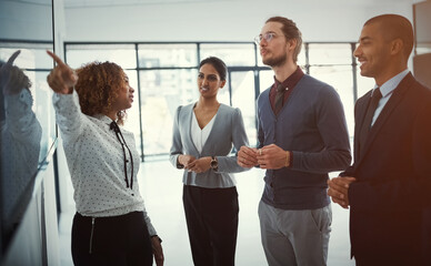 Aufkleber - Presentation, training and meeting with business people in office for project management, coaching and strategy. Chart, idea and speaker with woman in workshop for teamwork, seminar and planning