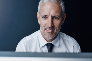 Poster - Thinking, brainstorming and senior businessman working on a project with a computer or technology. Career, idea and professional mature male person doing corporate research on a desktop in workplace.