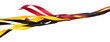 © Jade - Black gold red ribbon long straight fly in air with curve roll shiny. Black gold red ribbon for present gift birthday party to wrap around decorate and curve long straight. White background isolated