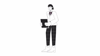 Fototapete - Female office worker bw animation. Animated character woman with paperwork in suit. Monochrome 2D flat outline cartoon 4K video, white background, alpha channel transparency for web design