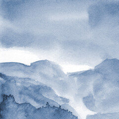  Abstract painting. Watercolor texture in cyanotype monochrome blue . Modern art landscape. Painted background, concept of sky, snow, ice