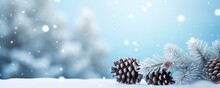 White Winter Background With Snow And Pine Cones Illustration AI Generative.