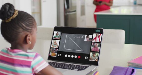 Poster - Composition of african american girl on laptop online learning with maths