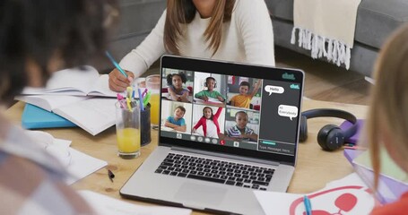 Poster - Composition of diverse students on laptop online learning with diverse students on screen
