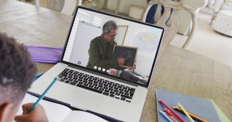 Poster - composition of african american boy on laptop online learning with biracial male teacher