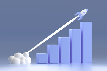 Wall Mural - financial graph on blue background, fast growth financial and trading indicators. growth at speed of jet rocket. Bar chart and growing up. 3d illustration