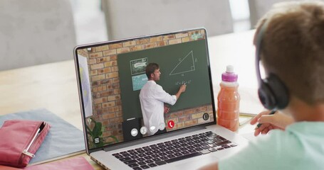 Poster - Composition of caucasian schoolboy on laptop online learning with caucasian male teacher
