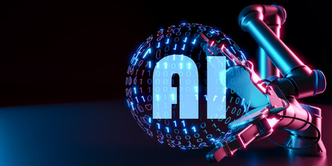 Poster - Artificial robot arm holding ai. Robotic Process Automation for smart factory automation software. digital transformation, artificial intelligence, machine learning to control ai robot. 3d rendering
