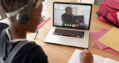 Poster - composition of african american schoolgirl on laptop online learning with male teacher