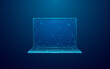 Low Poly Laptop in Technological Blue Color on Dark Background. Front View of Abstract Digital Opened Mobile Computers. Polygonal Wireframe Light Structure in Connected Dots, Lines, and Triangles.