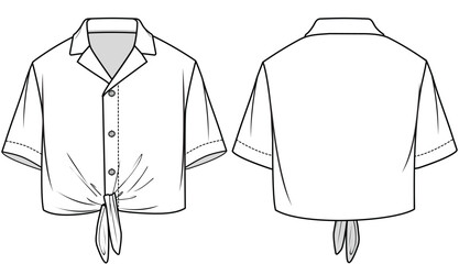 girls short sleeve tie front button up crop shirt flat sketch vector illustration tie front crop len