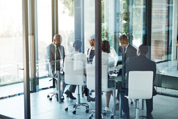 Poster - Teamwork, planning and strategy with business people in meeting for project management, review and brainstorming. Corporate, collaboration and workshop with group of employees in boardroom for idea