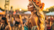 © annebel146 - Happy young girl in bohemian outfits party away at a music festival or other hippie celebration. A young girl dances to the groove. summer vacation, boho concept Copy space