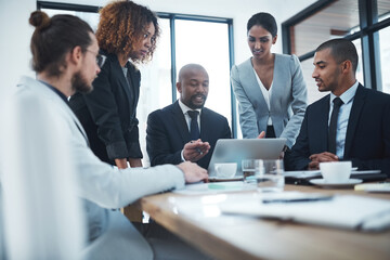 Wall Mural - Discussion, planning and business people with computer in office for ideas, marketing strategy and collaboration. Corporate, teamwork and men and women working on report, group project and proposal