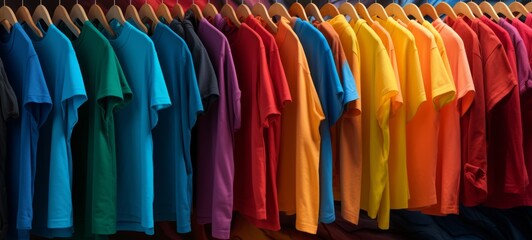 Clothing / clothes fashion background - Colorful t shirts on hangers and clothes rail in a store (Generative Ai)