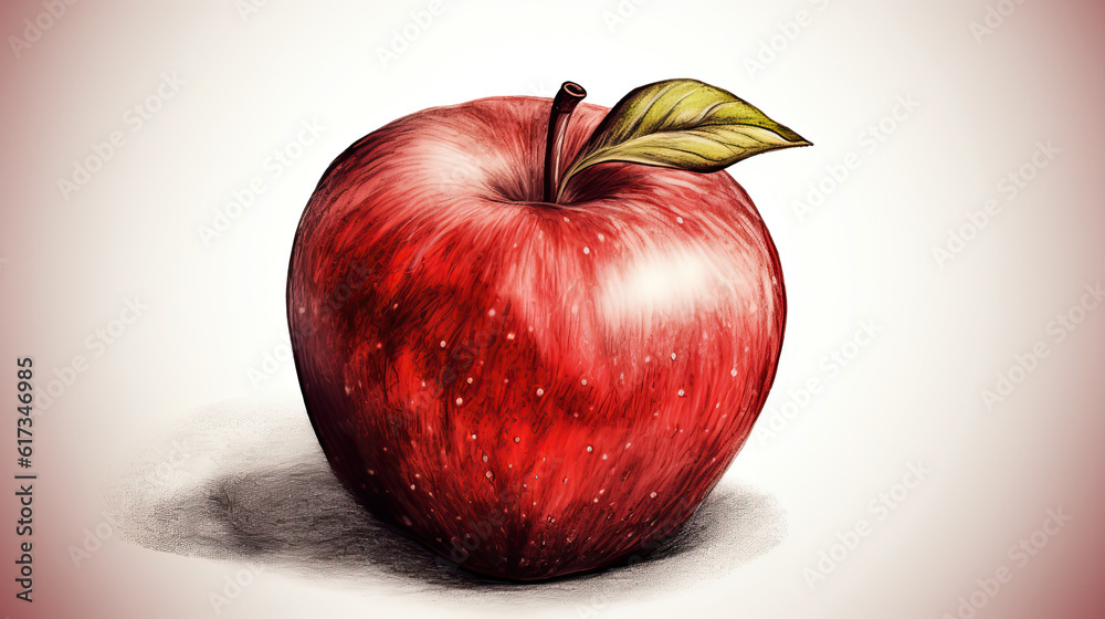 3D Art Image of Realistic Drawing Red Apple Isolated on Pastel Pink Background. Generative AI.