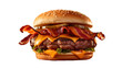 a large, juicy bacon cheeseburger with another slice of cheese on top, placing it on a bun. The detailed view makes the burger look tempting and appetizing.
