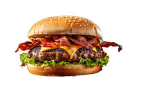An Appetizing Bacon Cheeseburger, Including A Beef Patty, Bacon, Cheese, Lettuce, And Tomato On A Bun. 