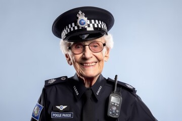 Poster - Senior female police officer with mobile phone on blue background. Studio shot.