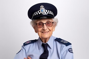 Poster - Portrait of senior female police officer in uniform on white background.