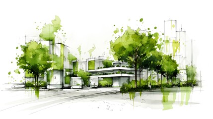 Wall Mural - Sustainable urban design project concept. Green cityscape, including eco-friendly buildings and lush parks. It reflects a future focused approach to city planning. Generative AI
