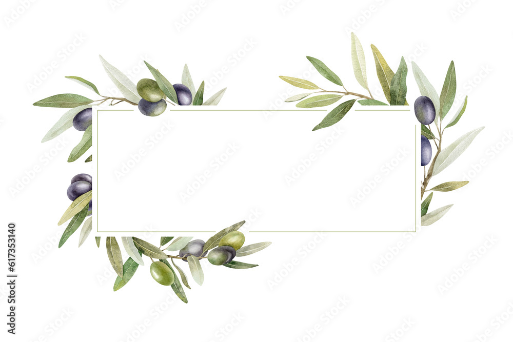 Olive branches, leaves and fruits. Frame of branches olive tree ...