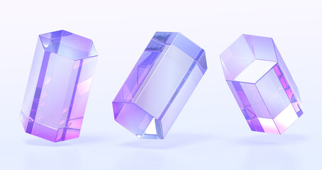 Poster - Glass hexagonal prism in different angle view 3d render icons set. Abstract figures geometric shapes with hologram gradient texture, crystal rainbow objects, isolated graphic elements. 3D illustration