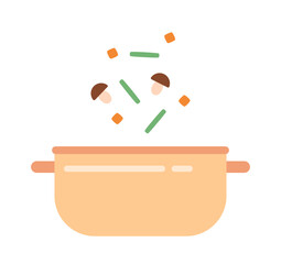 Poster - Add vegetables into pot semi flat colour vector object.Cut fresh mushrooms for soup.Cooking process. Editable cartoon clip art icon on white background. Simple spot illustration for web graphic design