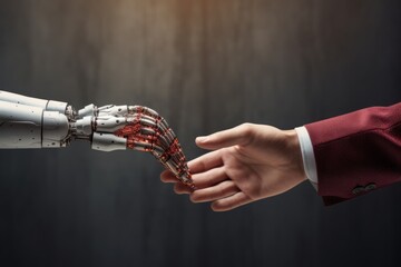 Wall Mural - Businessman Shaking hand with a Robot. Innovation Futuristic Handshake between man and Robotic Generative AI