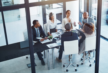 Poster - Conversation, business people and team in a meeting for discussion, brainstorming or planning in office. Teamwork, group and corporate colleagues working on a project together in workplace boardroom.