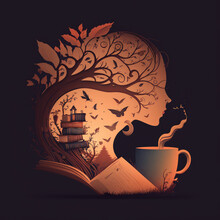 Illustration Of Books And Tea With Silhouette Of Face And Tree On Background, Concept Of Reading A Book And Drinking, A Cup Of Tea
