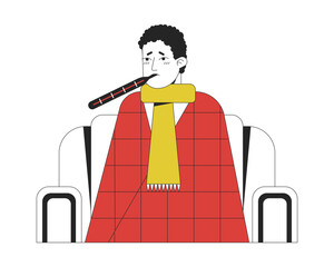 Poster - Sick man with thermometer flat line concept vector spot illustration. Man having fever 2D cartoon outline character on white for web UI design. Lifestyle editable isolated colorful hero image