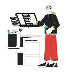 Poster - Man near self service terminal flat line concept vector spot illustration. Payment for purchases 2D cartoon outline character on white for web UI design. Shopping editable isolated colorful hero image