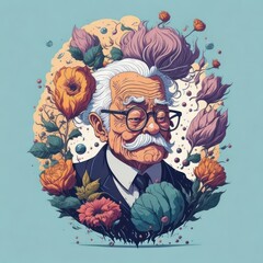 Wall Mural - A fantasy watercolor painting of old businessman with flower bubble spinning background.Generative AI