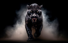 Portrait Of A Angry Black Panther With Open Mouth On A Black Background. Generative AI