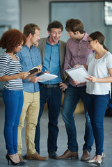 Poster - Team planning, discussion or developers with ideas in meeting for brainstorming as a group in office. Diversity, people or programmers networking with technology, notes or documents in workplace