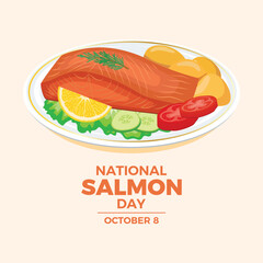 Wall Mural - National Salmon Day vector illustration. Salmon steak meat with potatoes and vegetable garnish icon vector. Grilled Salmon on a plate drawing. October 8 every year. Important day