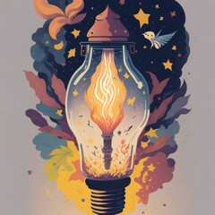 Wall Mural - A fantasy watercolor painting light bulb with star light spinning background.Generative AI