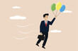 © Yunus - Businessman flying with three green, yellow and blue balloons. Illustration of businessman flying with three balloons to success.