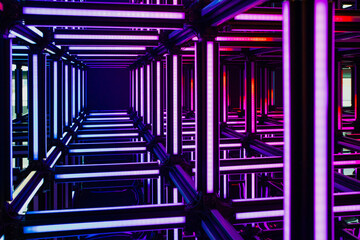 Futuristic purple, violet neon light cube art installation. Technology cyber cube, Sci fi shape.