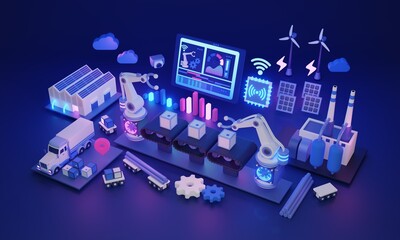 Industrial IoT and internet of things smart automation 3D illustration. Business innovation with automatic technology network and productive machine work for production. Device monitoring and control