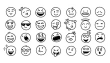 Hand Drawn Doodle Style. Comic Line. Doodle Emoji Face Icon Set. Emoji With Different Emotion Mood. Art Vector Illustration.