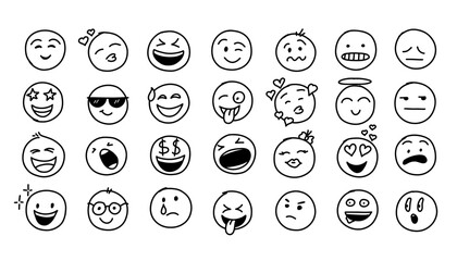 hand drawn doodle style. comic line. doodle emoji face icon set. emoji with different emotion mood. 