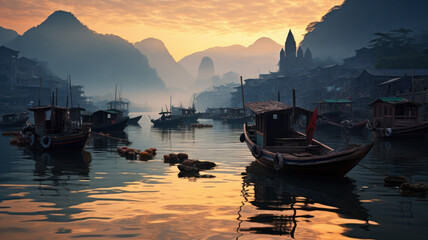 Wall Mural - boats docked in the water near mountains. traditional Chinese landscape at sunset